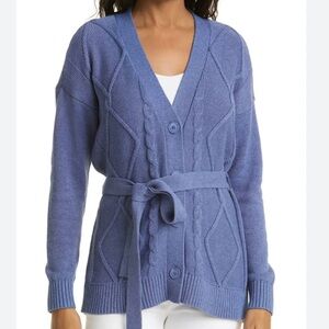L’AGENCE Mica Cable Knit Belted Sweater in Blue Jeans - Medium